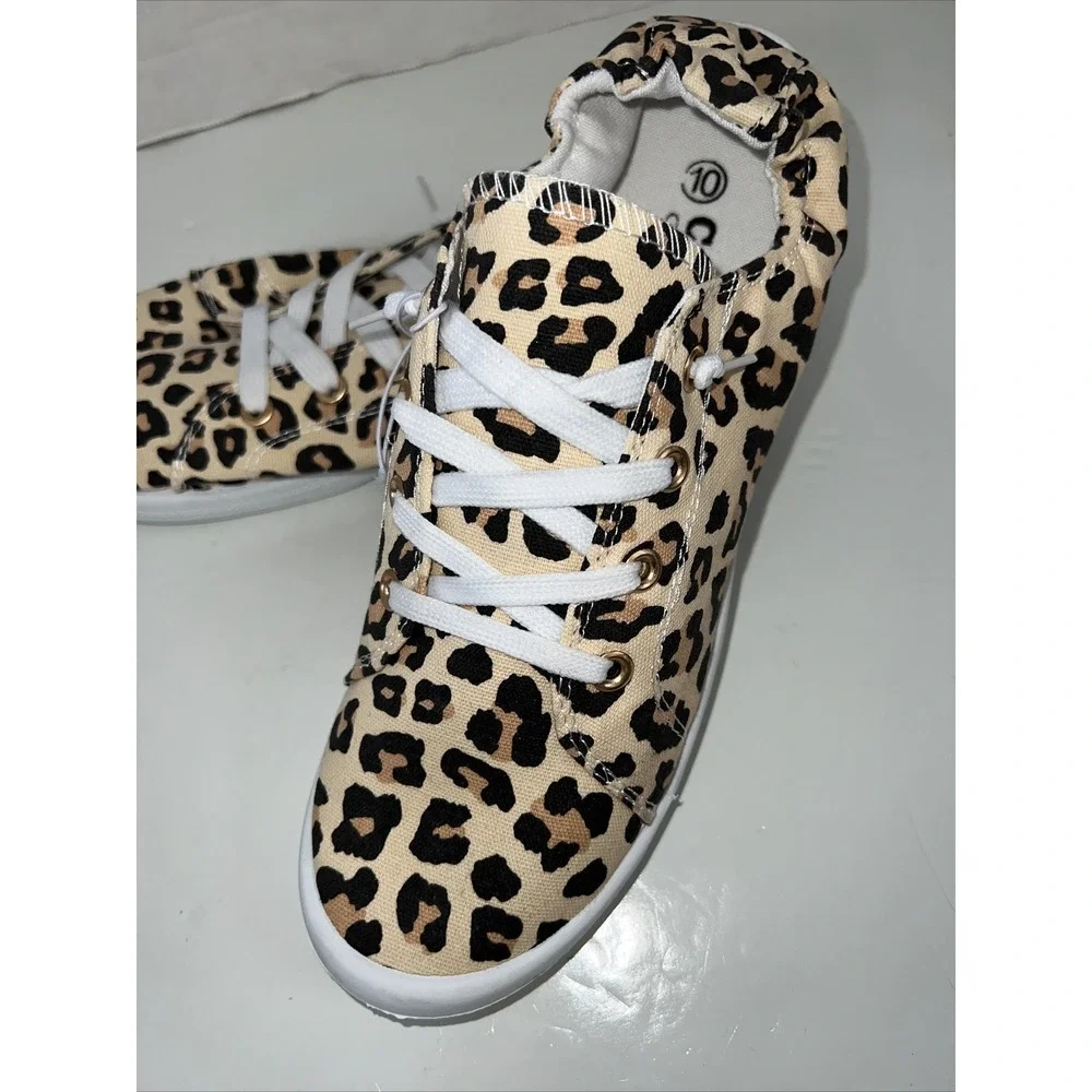 Leopard Women‎ Lace Up Canvas Shoes Low Top Slip On Sneakers Walking Flats Shoes